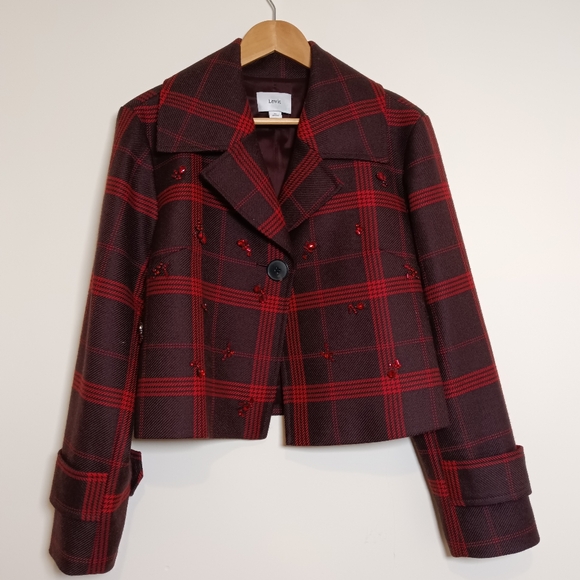 Lewit Jackets & Blazers - Lewit Wool Burgundy & Red Plaid Cropped Boxy Jacket